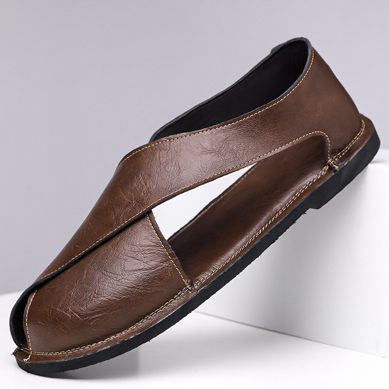 Dép sandal nam quai ngang kiểu La Mã cổ điển, thoáng khí, đế cao su — nâu, đen