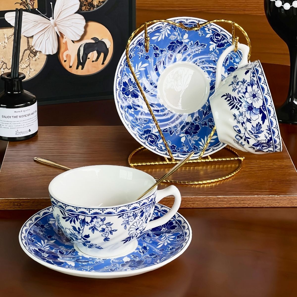 Conjunto de tazas y platos de café de porcelana azul, set de tazas y platos de café de cerámica, set de tazas y platos de café de la tarde, M cucharada de tazas y platos de desayuno