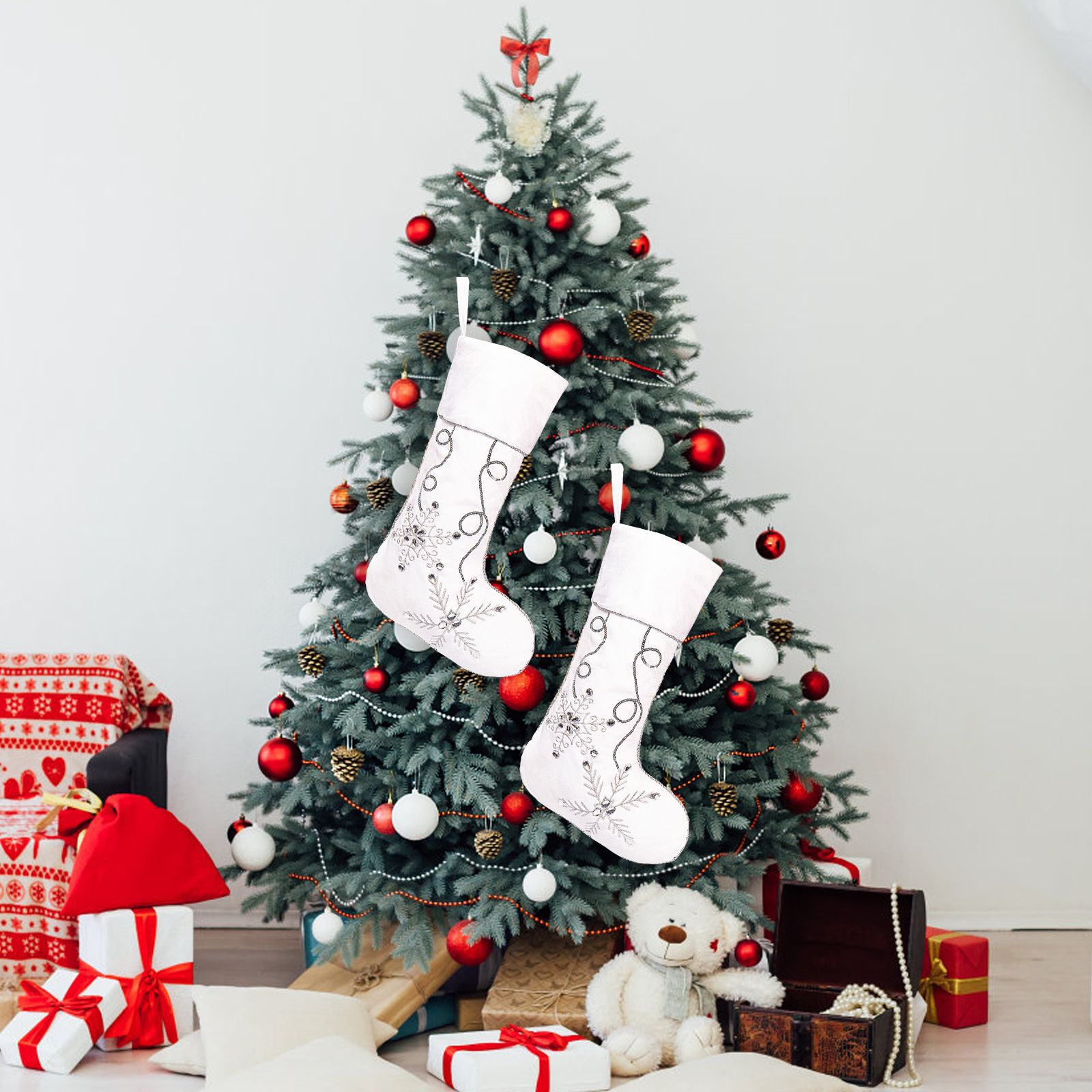 Navidad transfronteriza copo de nieve plateado calcetines de Navidad suaves de pelusa gruesa decoraciones navideñas colgantes de árbol de Navidad