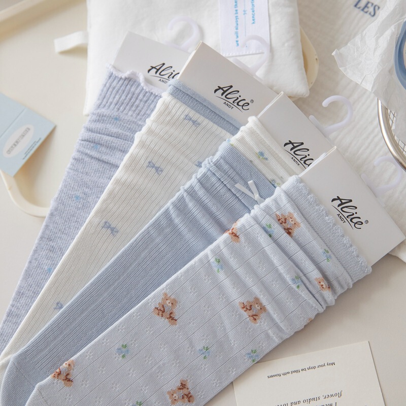 Spring and Summer Thin Soft Girl Style Slouch Socks, Light Blue Bow Bear Mid-Calf Socks, Japanese Style Girl Socks, Cotton Long Socks