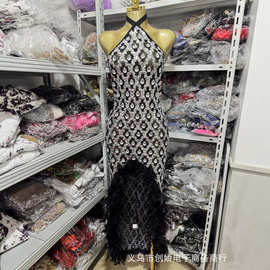 高级闪闪个性欧美性感跨境深黑色礼服夜场派对演出连衣裙烧烤架