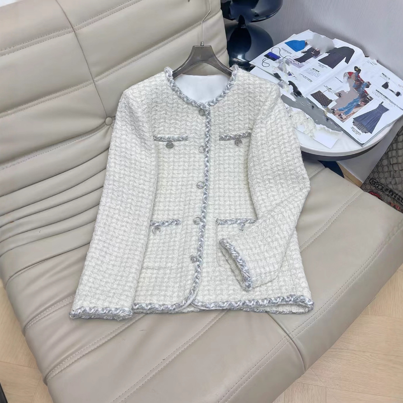 Nanyou Direct Supply 2025 Autumn/Winter Fashion Round Neck Tweed Patchwork Silver Thread Jacket Classic Single-Breasted Wool Coat