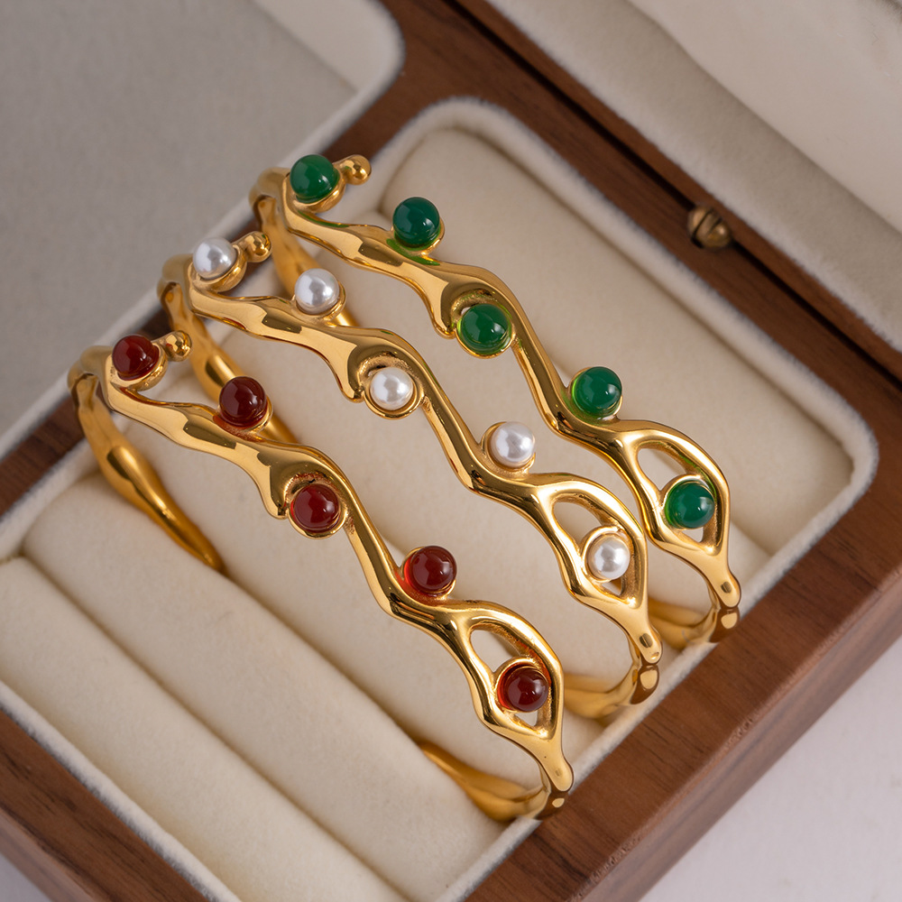 Retro Geometric Stainless Steel Plating Natural Stone Bangle 1 Piece