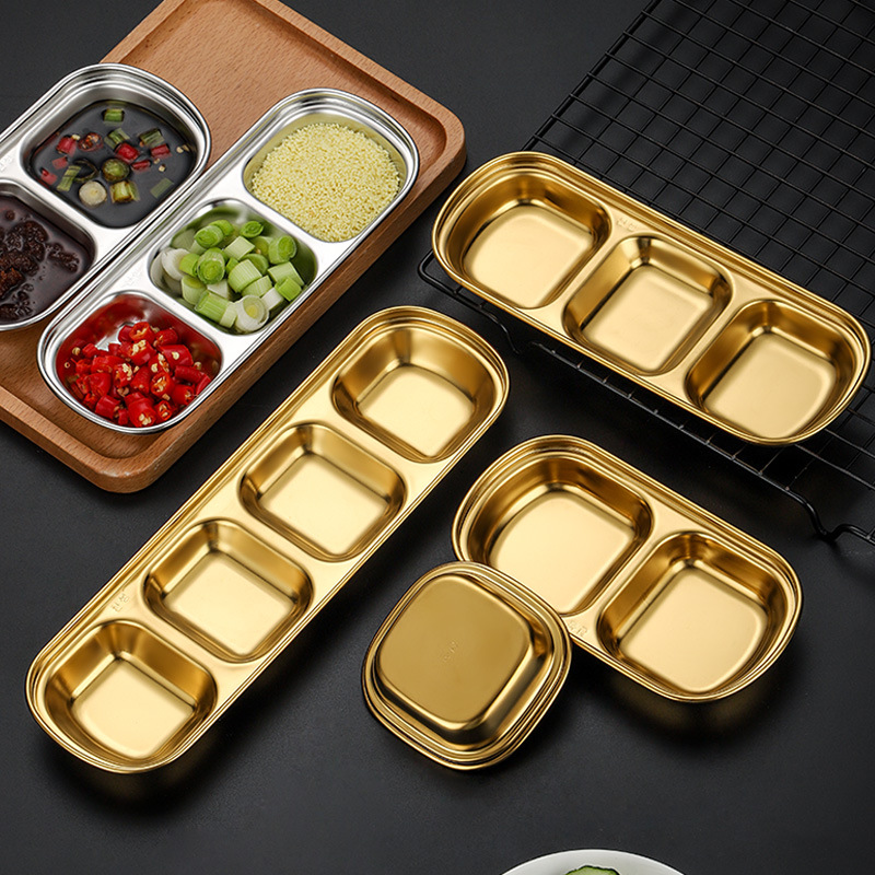 Creativo estilo coreano rejilla de acero inoxidable condimento plato olla caliente barbacoa salsa plato hogar sushi plato de inmersión al por mayor