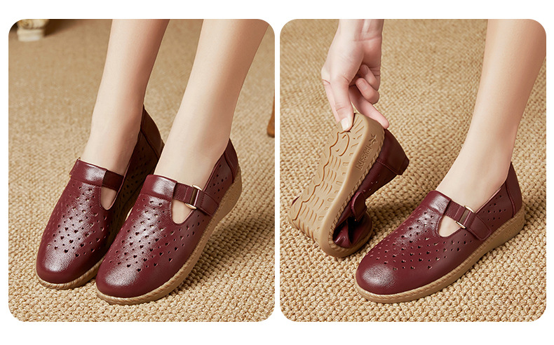 Dép sandal nữ da thật đế mềm thoáng khí, giày lỗ mùa hè — Đỏ rượu chi tiết 20