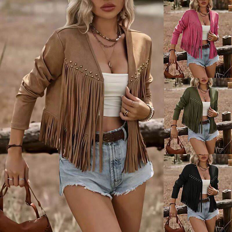 2026 Cross-Border Amazon Independent Site European and American Style Tassel Jacket for Women, Autumn Faux Suede Studded Long-Sleeve Cardigan Jacket 2026 Cross-Border Amazon Independent Site European and American Style Tassel Jacket for Women, Autumn Faux Suede Studded Long-Sleeve Cardigan Jacket