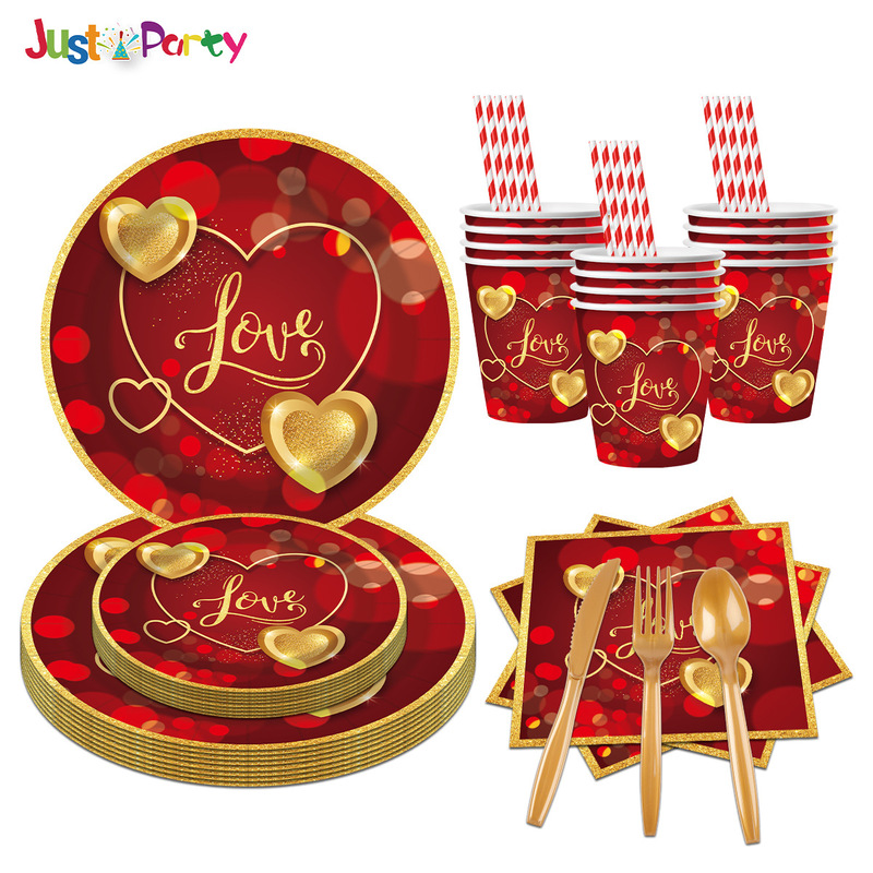 Red Valentine's Day Party Disposable Tableware Wedding Love Love Decoration Supplies Knife, Fork and Spoon Paper Plate Tissue