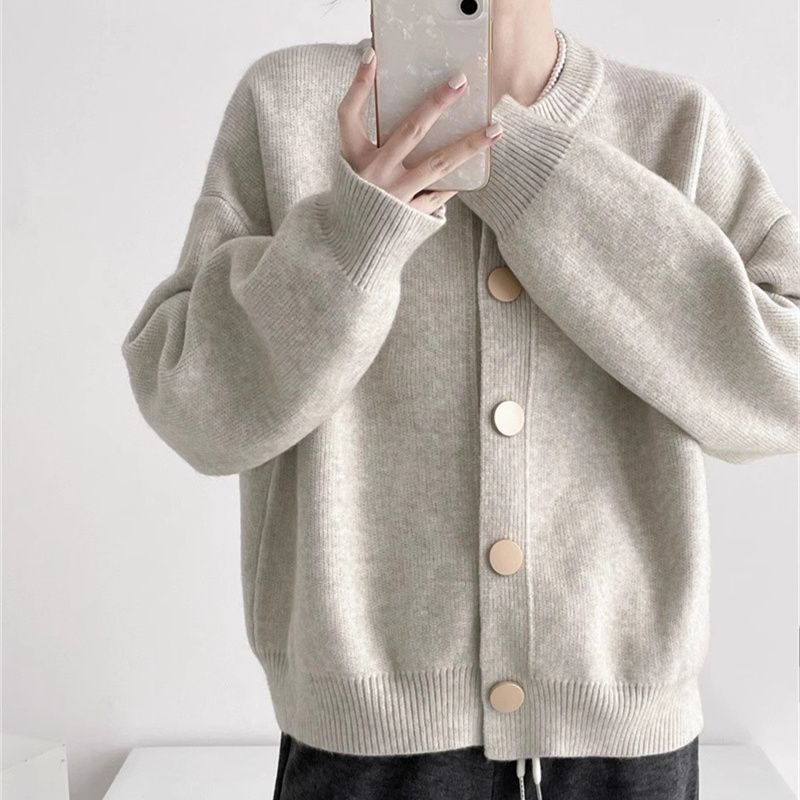 女秋冬季新款纽扣毛衣开衫圆领长袖纯色针织衫外套百搭慵懒风上衣|undefined
