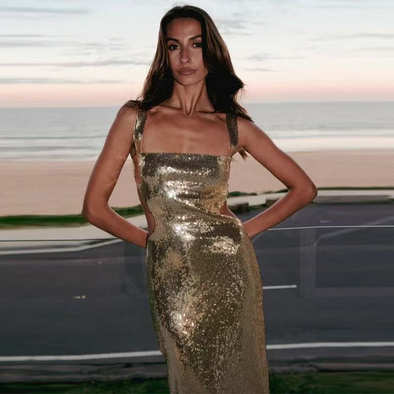 European and American Cross-Border Women's Fashion Gold Evening Dress, Stylish, Light Luxury, Sexy Backless, Slim Fit, Sequined Long Strapless Dress