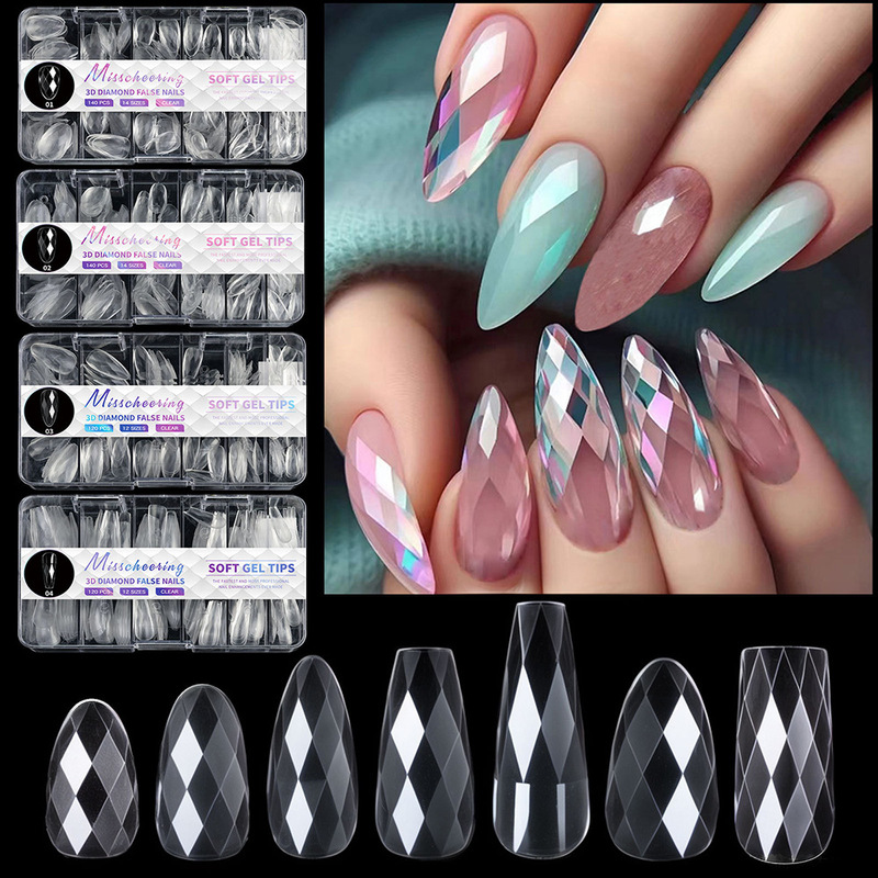 Cross-Border Popular 3D Rhombus Nails Almond Nails Irregular Transparent Fake Nails Manicure Wholesale