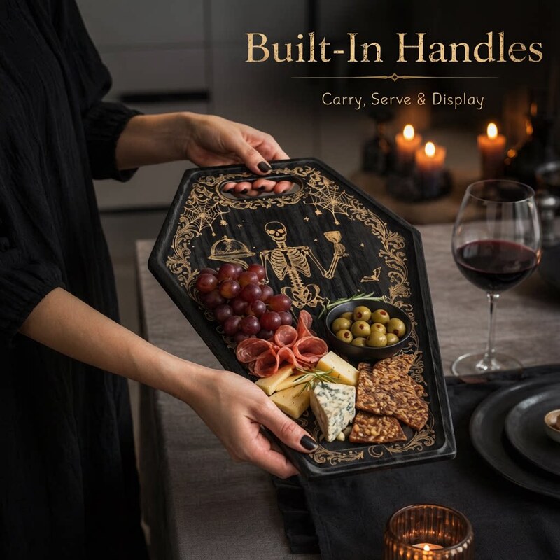 Wooden Gothic Coffin-Shaped Tray with Skull Carvings, Home Dinner Plate, Halloween Wooden Storage Tray, Wholesale from Manufacturer Wooden Gothic Coffin-Shaped Tray with Skull Carvings, Home Dinner Plate, Halloween Wooden Storage Tray, Wholesale from Manufacturer