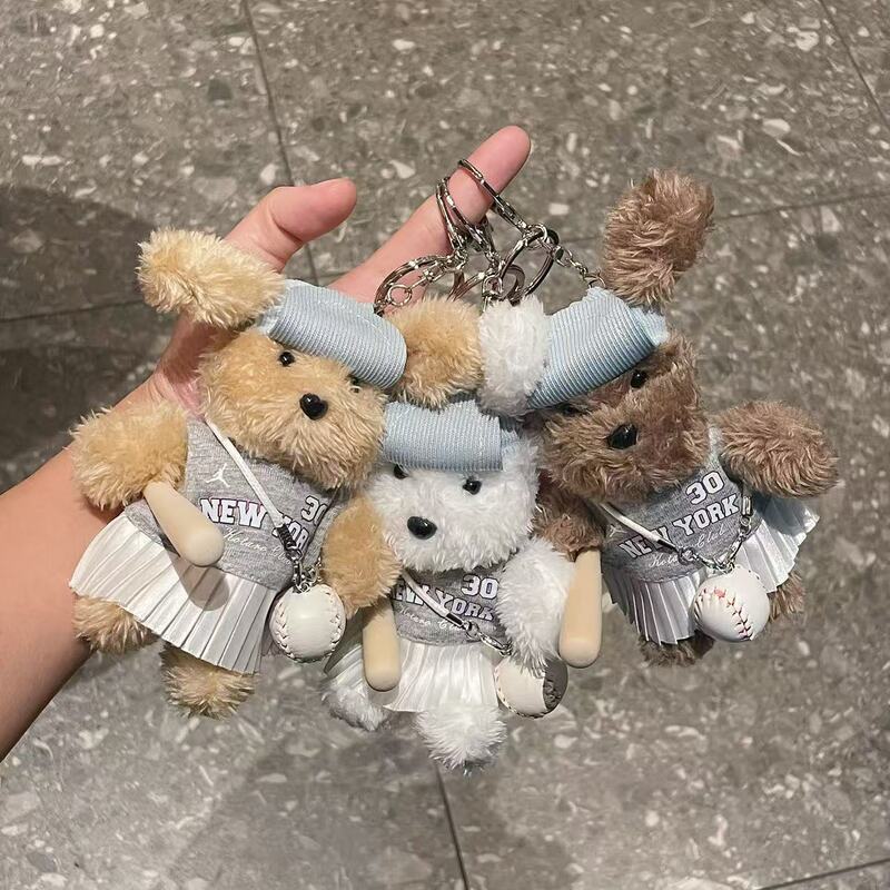 Korean Ins Plush Cute Baseball Hat Bear Bag Pendant Doll School Bag Pendant Keychain High-End
