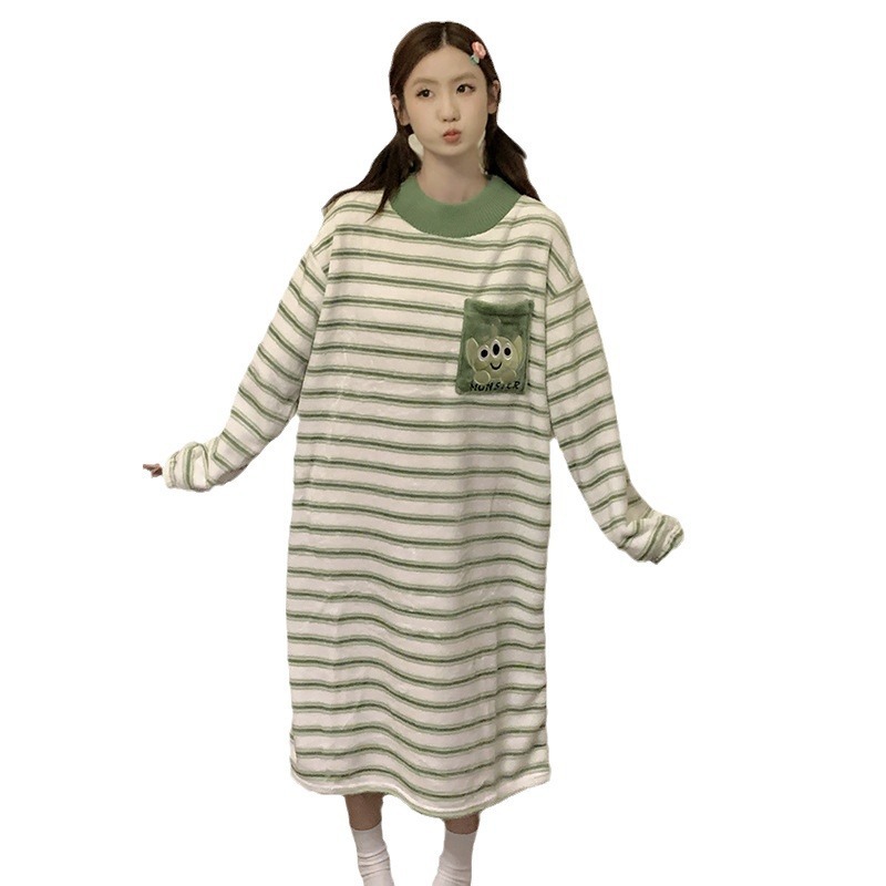 Otoño e invierno camisón de manga larga de las mujeres a rayas cálido espeso pijamas de franela Vestido largo de dibujos animados lindo desgaste del hogar transmisión en vivo