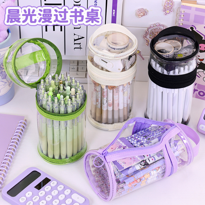 Bolsa de lápiz transparente redonda simple, caja de lápiz cilíndrico de alto valor facial, caja de papelería de almacenamiento de lápiz transparente de gran capacidad para estudiantes