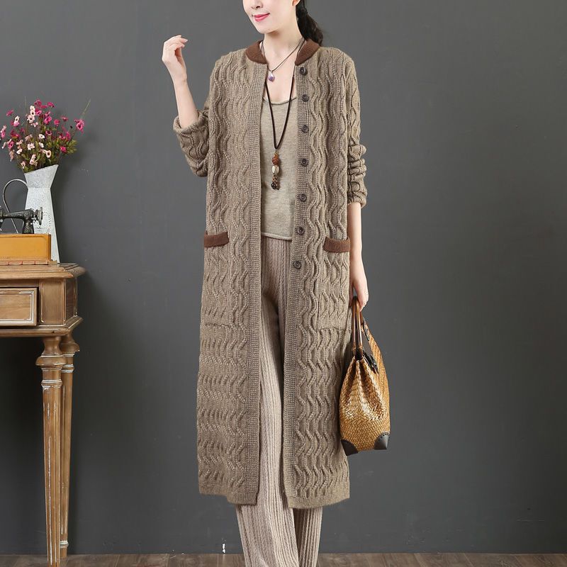 2025 Autumn Foreign Trade Wave Pattern Knitted Cardigan National Style Retro Long Lazy Style Long Coat Wholesale 2025 Autumn Foreign Trade Wave Pattern Knitted Cardigan National Style Retro Long Lazy Style Long Coat Wholesale