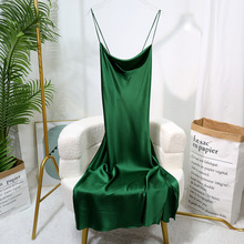 女夏季新品19姆米真丝弹力缎吊带睡裙过膝长款露背性感度假风睡衣