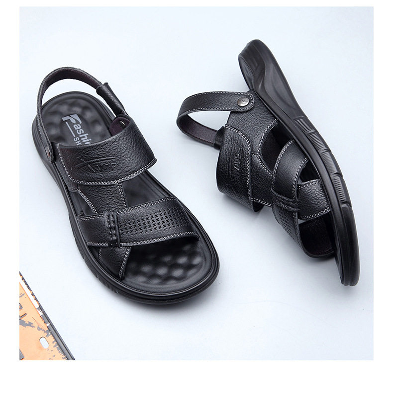 Dép sandal nam da bò hở ngón gót bằng 2,5 cm thoáng khí chống trượt — Kaki, Màu đen chi tiết 16