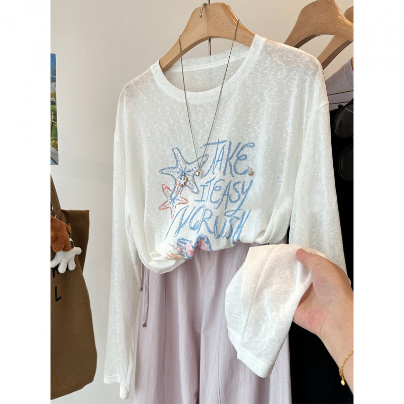 Summer New Style Sun Protection Cover-Up Loose Versatile Snowflake Cotton Long-Sleeve T-Shirt for Women Plus Size Thin Casual Top Summer New Style Sun Protection Cover-Up Loose Versatile Snowflake Cotton Long-Sleeve T-Shirt for Women Plus Size Thin Casual Top