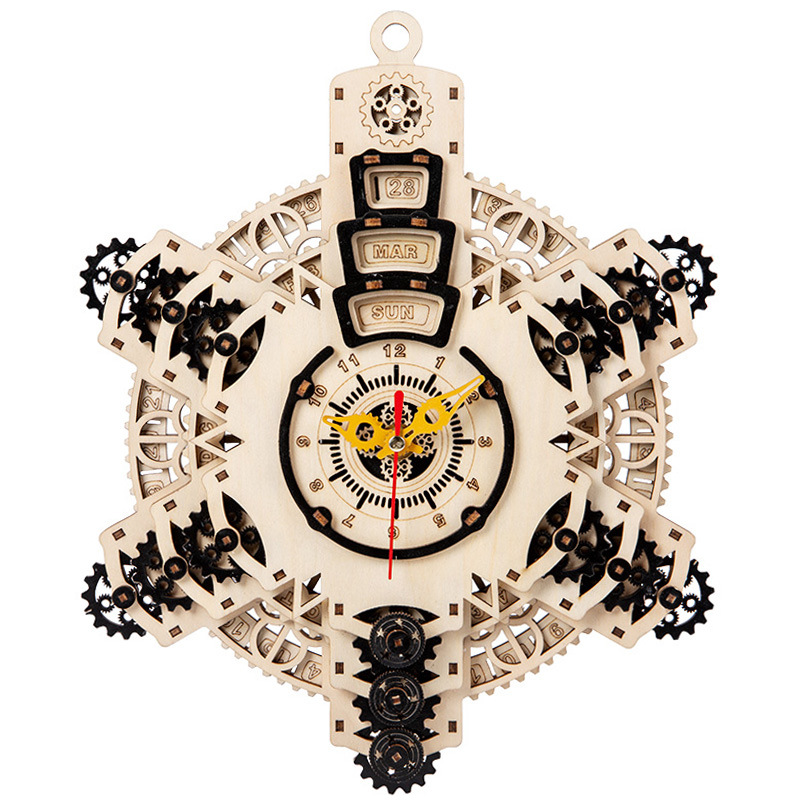 Diy calendario perpetuo reloj de montaje de transmisión de madera creativo relojes mecánicos regalos máquina caja de contraseña juguetes