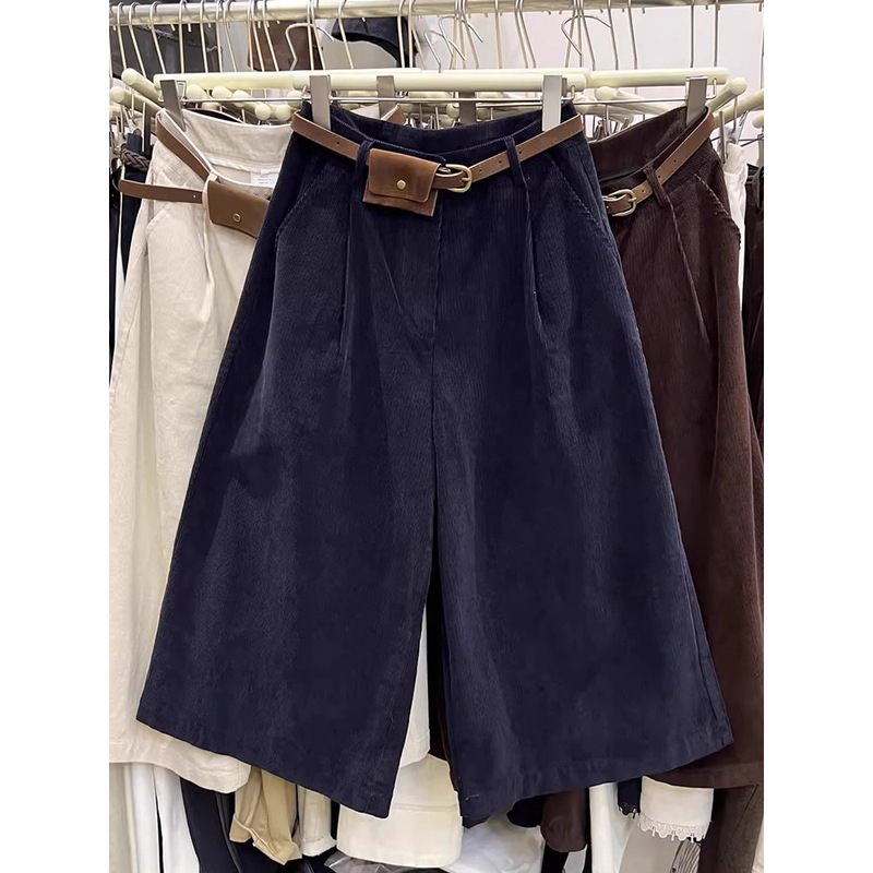 European Station 2025 Autumn European Style High-Waisted Solid Color Straight Wide-Leg Cropped Pants with Waist Bag Corduroy Casual Pants for Women