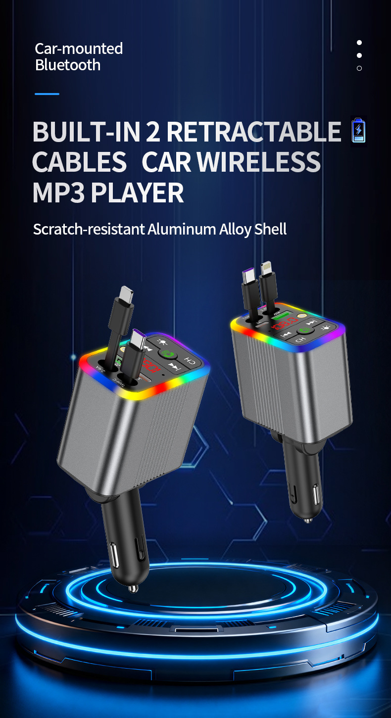 R3 car charger, Bluetooth MP3 receiver, starry sky ambient lighting, built-in retractable cable, fast charging, cross-border supply