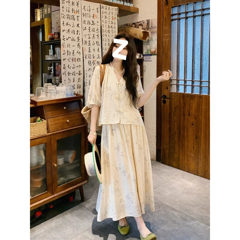 Новый китайский костюм-юбка в стиле дзен для женщин 2025, новый летний комплект из двух предметов в американском стиле с вышивкой, топ и юбка средней длины