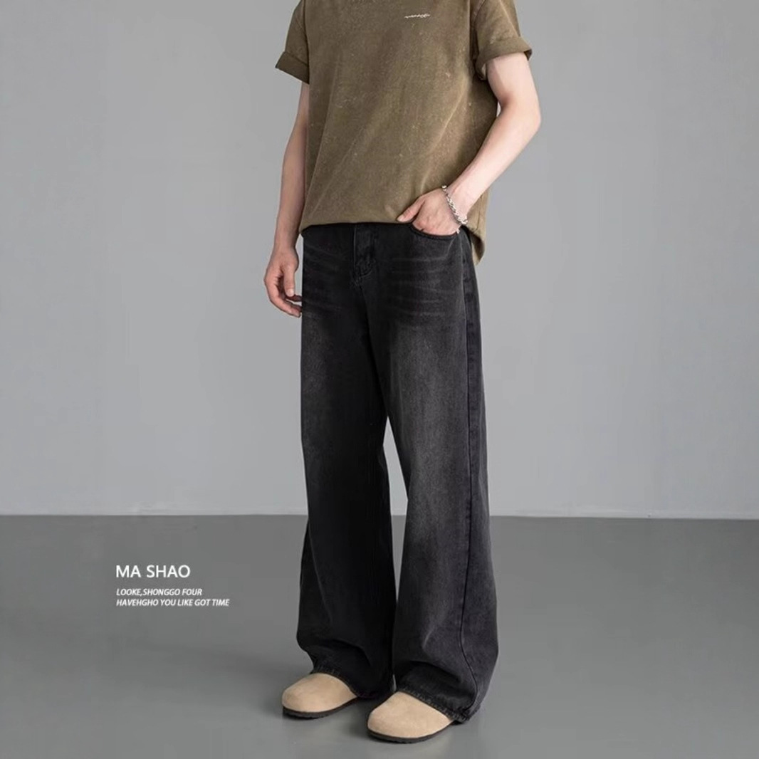 Vintage Wide-Leg Jeans for Men Relaxed Fit Distressed Denim Pants Washed Cotton Blend Mid-Rise Streetwear Staple_viptrois.com