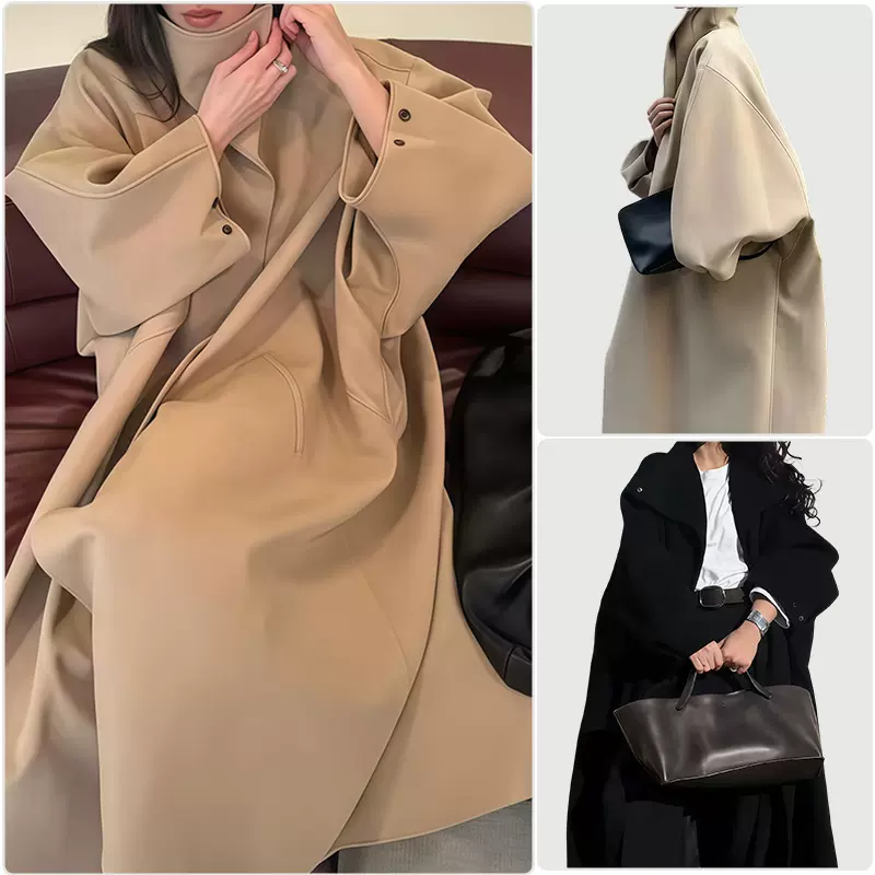 2025新款亚马逊高级百搭毛呢高领长款毛呢大衣暗扣宽松款女外套