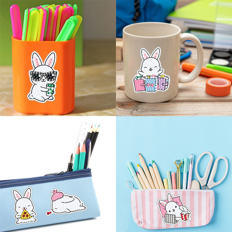 Venta caliente de dibujos animados conejo pegatinas de diamante pintura pegatinas gratis DIY ladrillo pintura pared pegatinas niños hecho a mano pegatinas diamante redondo