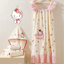 Hello Kitty樱桃系列珊瑚绒浴裙可穿可裹吸水速干可爱公主风浴袍