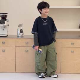儿童卫衣男童秋季新款宽松字母印花拼接上衣中大童假两件长袖T恤