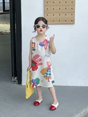 女童背心裙 2024夏季女寶寶可愛卡通印花薄款棉布無袖寬鬆連衣裙