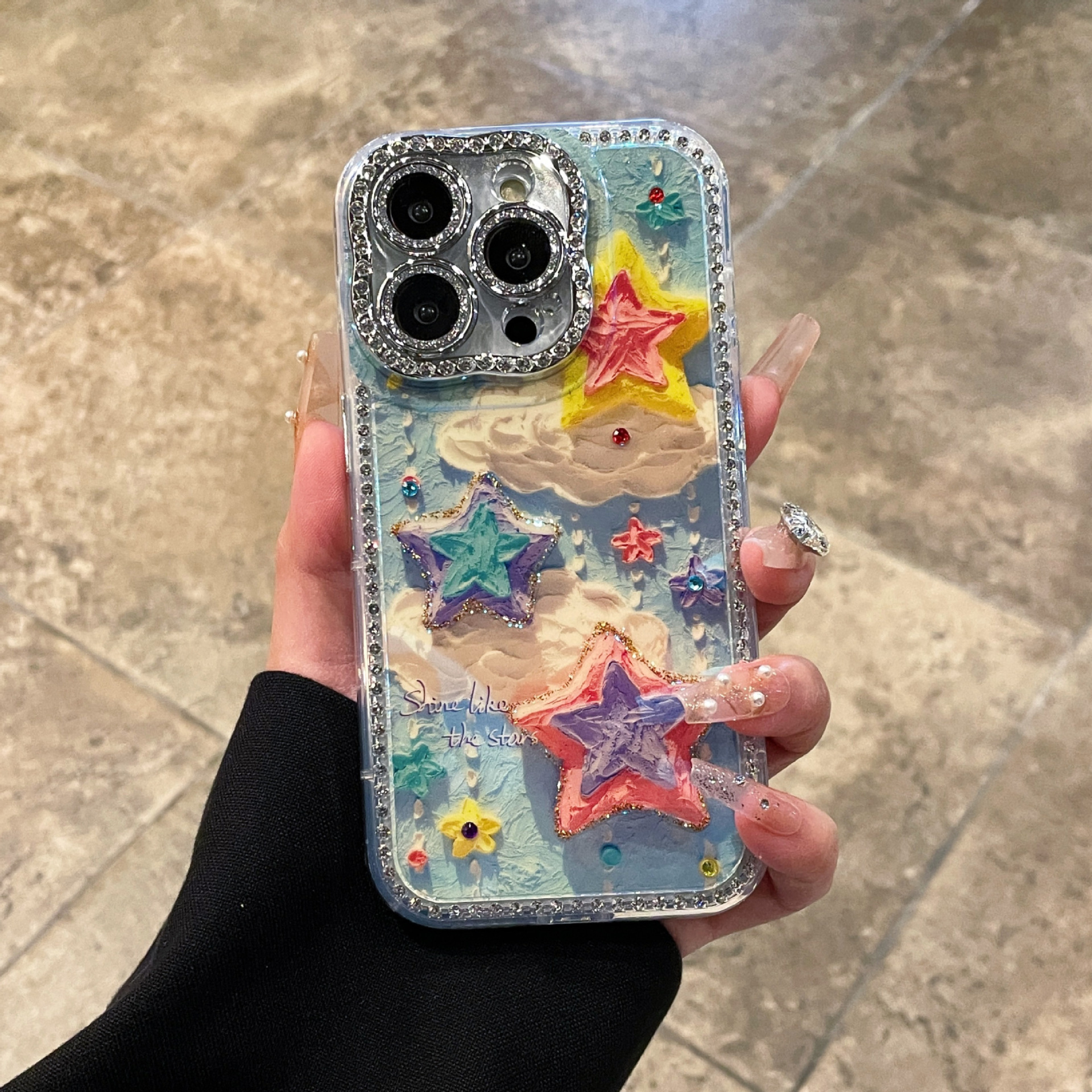 Pintura al óleo estilo ins, nubes, estrellas, para la carcasa del teléfono iphone15 16ProMax Apple 13/14, orificio fino, borde retorcido