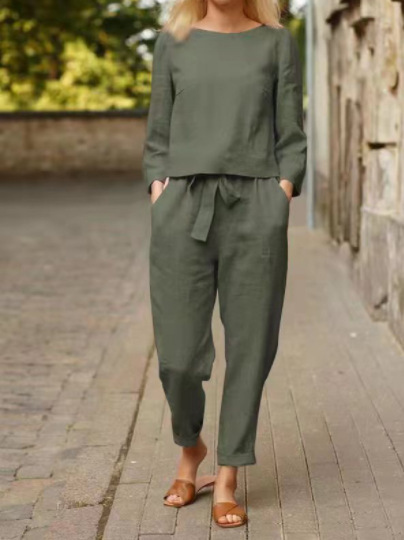 亜麻のスーツの婦人服のファッション的な純色のカジュアルな2つのセットの2022外国貿易の春と夏のシンプルなレトロなウエストのひも|undefined