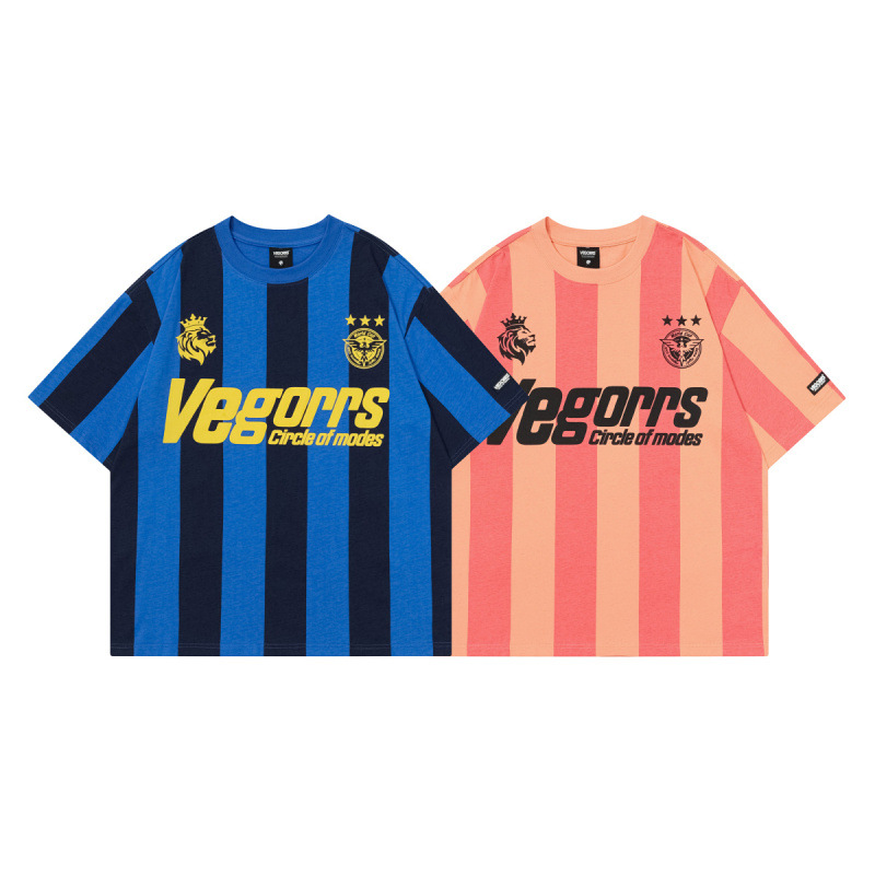 VEGORRS original retro Jersey estilo de manga corta Camiseta a rayas cuello redondo algodón hombres y mujeres misma moda media manga T8935