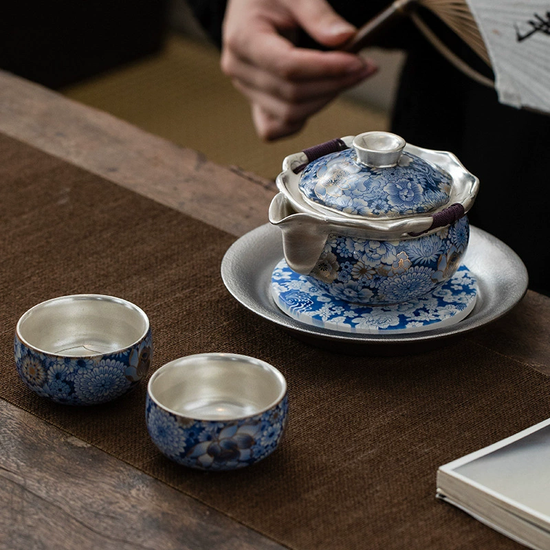 Tea set, enamel, teapot, high-end box, silver 999 sample, Birthday gift
