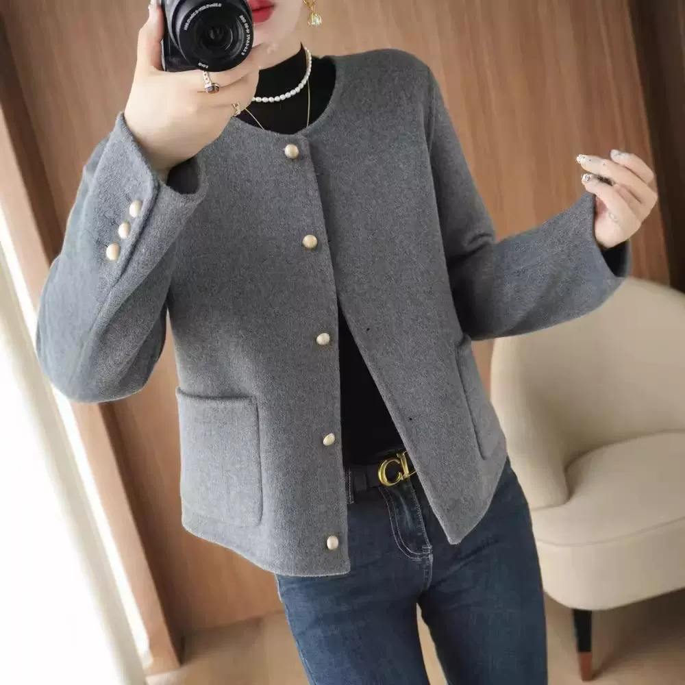 圆领双面羊绒大衣女士短款韩版宽松小个子100%羊毛呢外套上衣