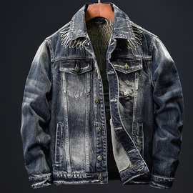 美系牛仔外套秋季经典刺绣牛仔上衣怀旧复古潮流机车服多口袋夹克