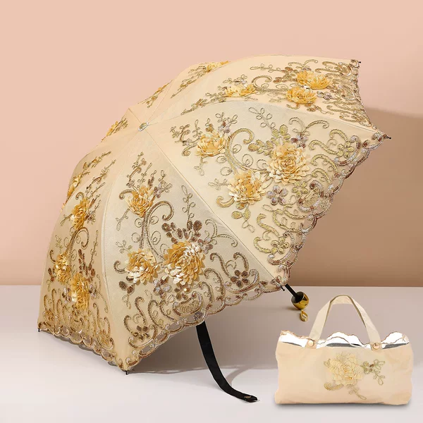 Embroidered Princess Umbrella Black Glue Sunshade Umbrella Embroidered Lace Sun Umbrella Three-Folding Sunny Umbrella Women's Sun Protection UV Protection