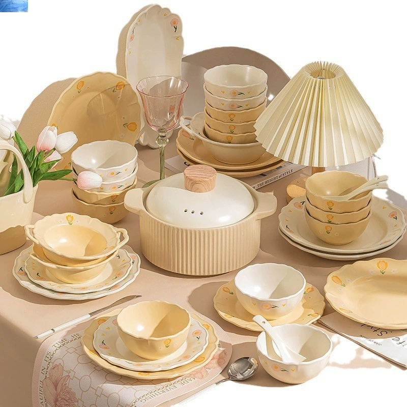 Cream cute ceramic tableware, set, gift box, light luxury style, Birthday gift