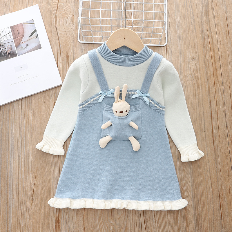 Coniglio cartone animato per bambina finto 2 pezzi di lana autunno inverno, abito da principessa lavorato a maglia elegante e carino per bambina_voghion.com