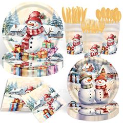 白い雪だるまクリスマス雪片紙皿使い捨て紙コップティッシュ祝日パーティー皿子供誕生日装飾
