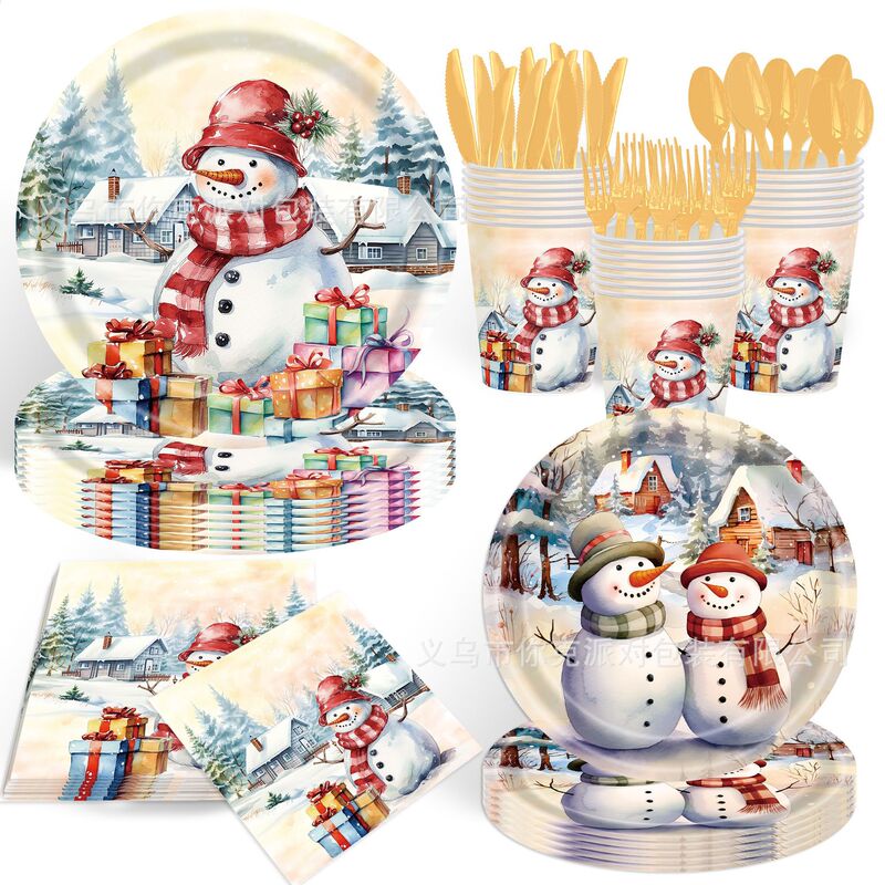 White Snowman Christmas Snowflake Paper Tray Disposable Paper Cup Tissue Holiday Party Dinner Tray Children's Birthday Decoration