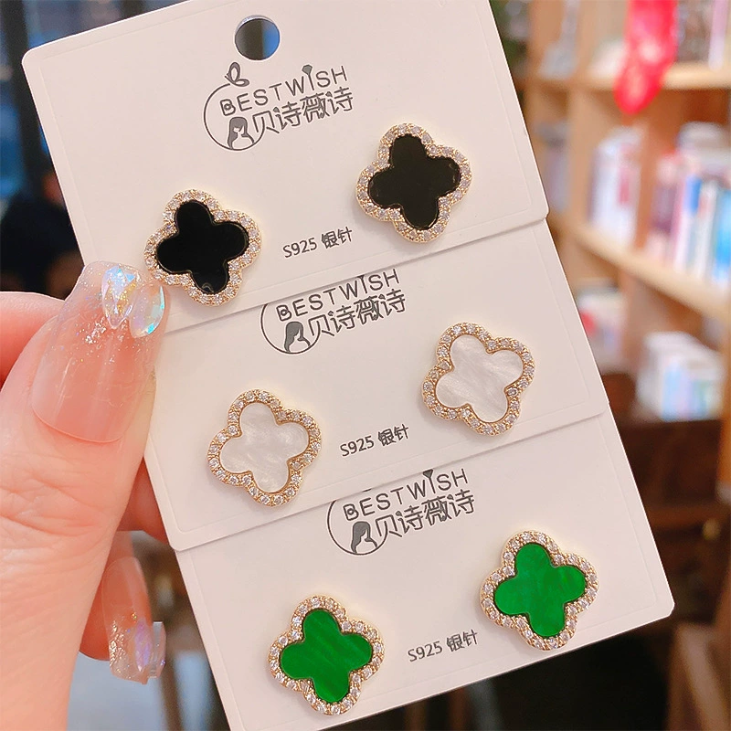 Earrings (BESTWISH) S925 silver posts, clover motif, small lightweight, colors black white green fuchsia