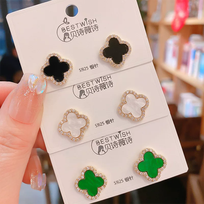 Earrings (BESTWISH) S925 silver posts, clover motif, small lightweight, colors black white green fuchsia