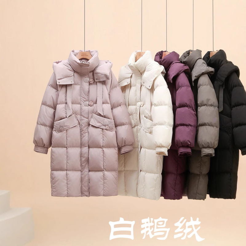 Mid-Length White Goose down Jacket for Women 2025 New Korean Style Thickened with Ribbon Hooded Loose Over-The-Knee Winter Coat