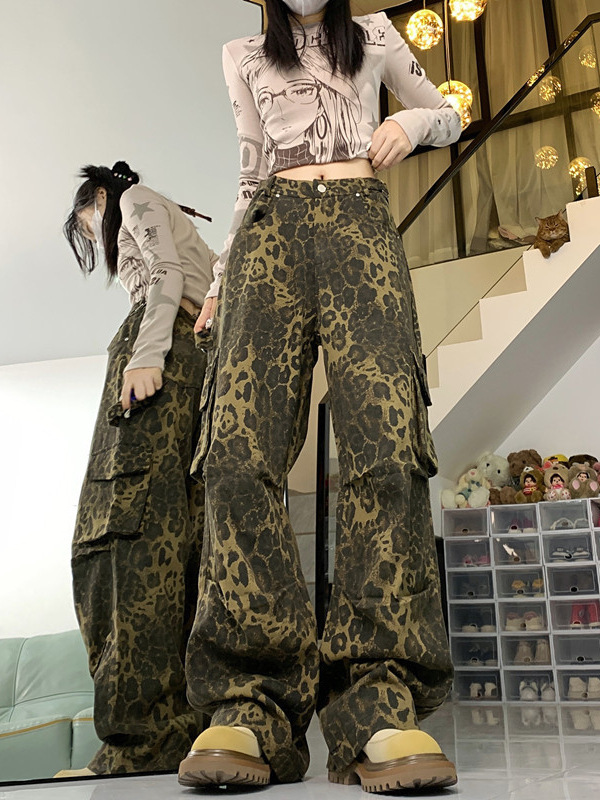【韩牛】美式辣妹豹纹阔腿工装裤女酷飒风秋季2025新款多口袋设计|undefined