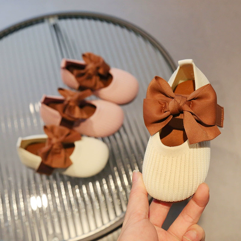 Детские туфли-балетки 2025 года, весенняя новинка, в корейском стиле, с бантом, для девочек, принцесса, для малышей, из трикотажа, на мягкой подошве
