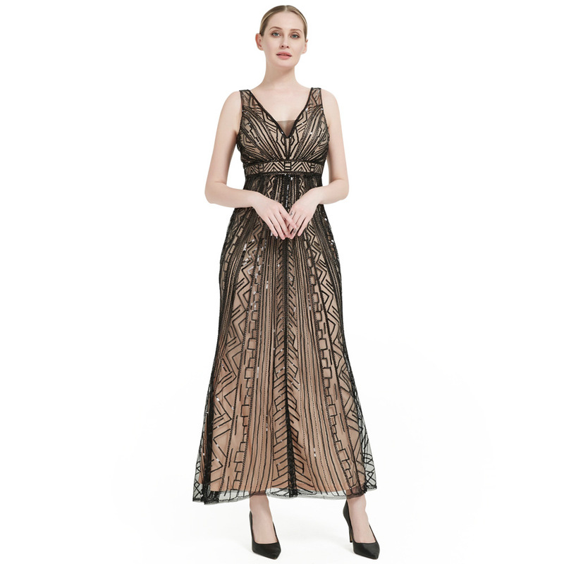 European and American Cross-border Large Size Beaded Mesh Bridesmaid Toasting Evening Dress Deep V Backless Banquet Performance Host Dress