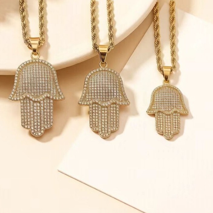 European and American Cross-Border Stainless Steel Classic Retro Full Diamond Fatima's Hand Titanium Steel Gold-Plated Hamsa Pendant